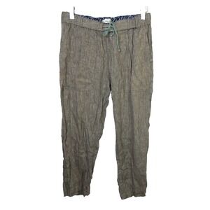 Bridge & Burn Women's Medium Pants 100% Linen Crop Taper Green Stripe Drawstring
